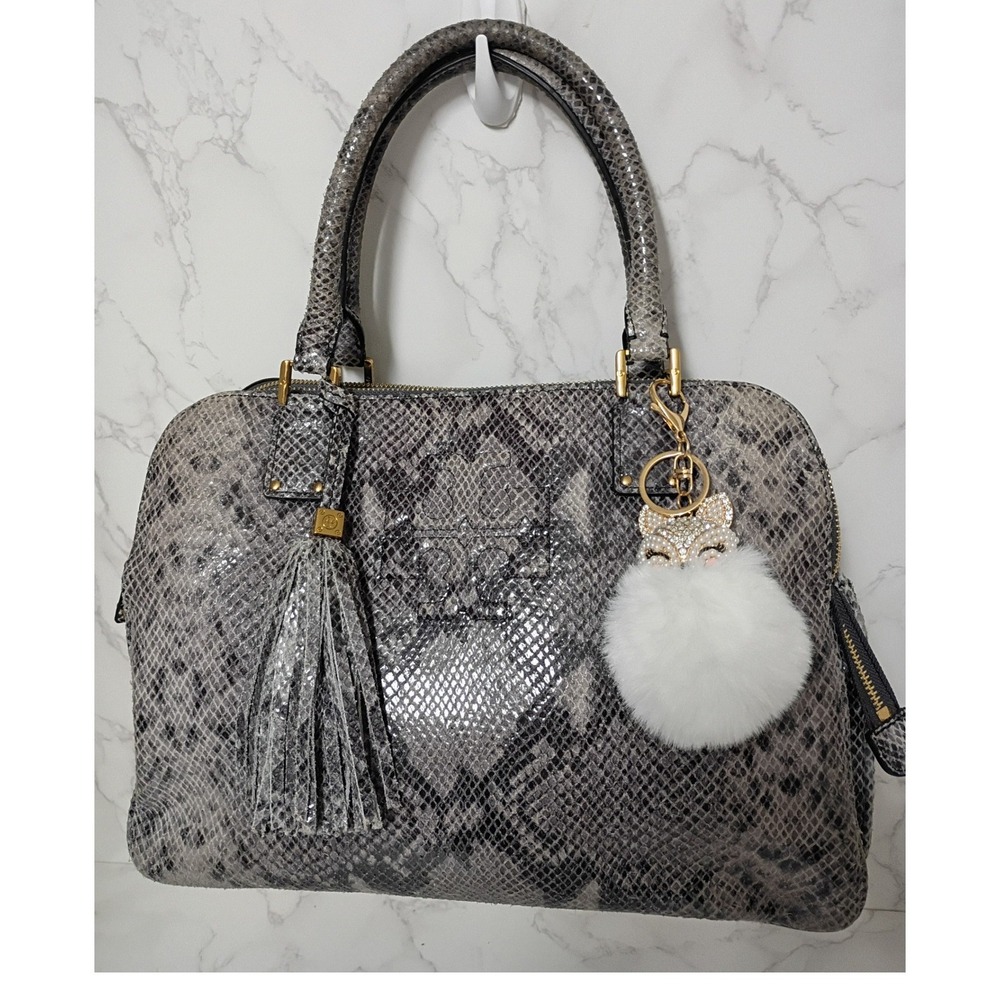 TORY BURCH Gray Snakeprint Dome Satchel With Tassel Accent  & Bag Charm - EUC